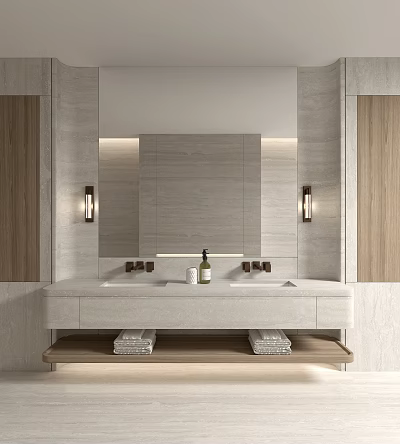 Modern Bathroom Interior With Double Vanity Marble Countertop Wall-Mounted Lights Large Mirror And Wooden Elements 3d model