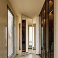 Elegant Modern Walk-in Closet Interior With Glass Doors Open Storage And Blinds