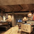 Elegant Restaurant Corridor With Wooden Walls Geometric Patterned Surfaces Green Plant Decor And Patterned Flooring