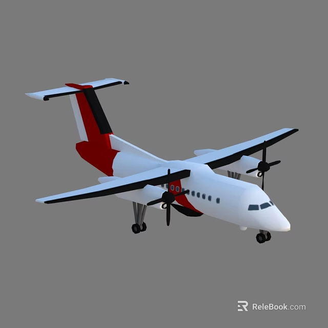 White Passenger Aircraft With Red And Black Tail Twin Propeller Engines And Fuselage Windows 3d model 