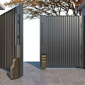 Modern Luxury Black Metal Gate With Stone Pillars And Autumn Trees