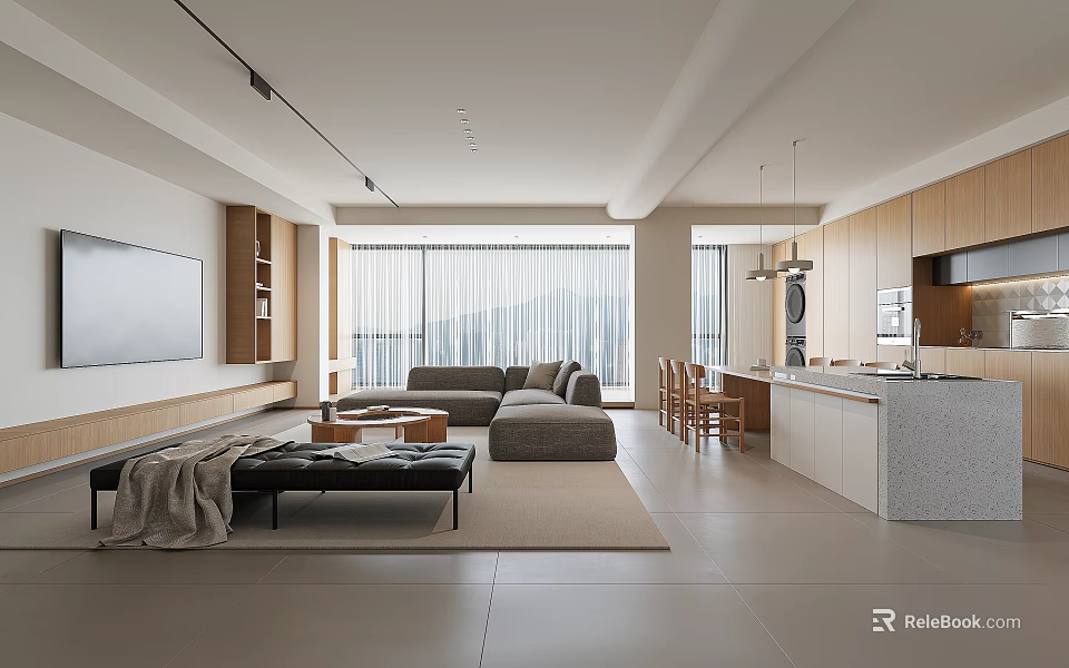 Modern Open Living Dining Room Interior With Sofa TV Coffee Table Dining Table And Chairs 3d model