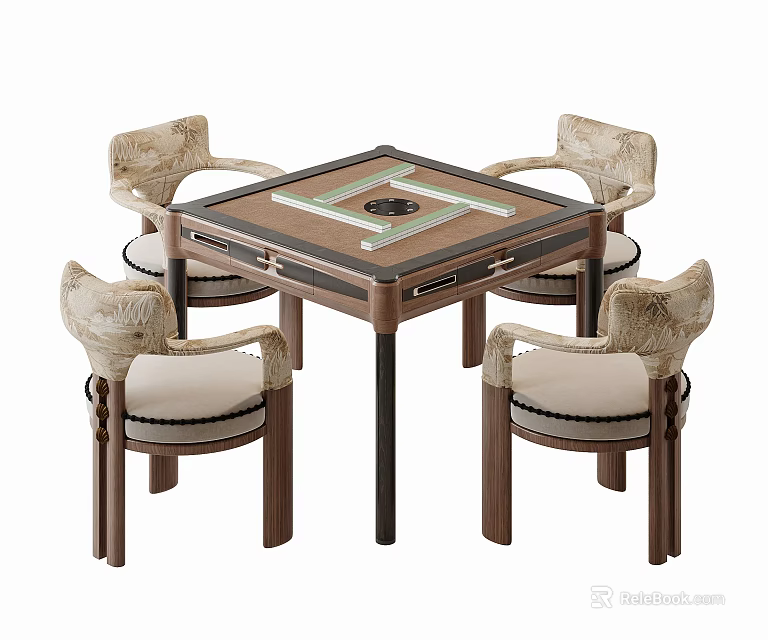 Elegant New Chinese Style Solid Wood Mahjong Table And Comfortable Upholstered Armchairs Furniture Set 3d model 