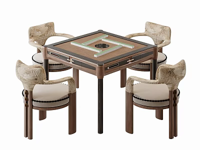 Elegant New Chinese Style Solid Wood Mahjong Table And Comfortable Upholstered Armchairs Furniture Set 3d model
