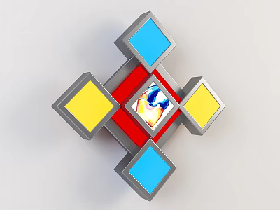 Modern School Building Design With Colorful Geometric Blocks Blue Yellow Red Gray And Central Window 3d model