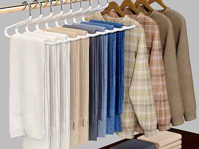 Various Colored Long Sleeve Clothes White Beige Blue Plaid Brown Hanging On Hangers Neatly 3d model