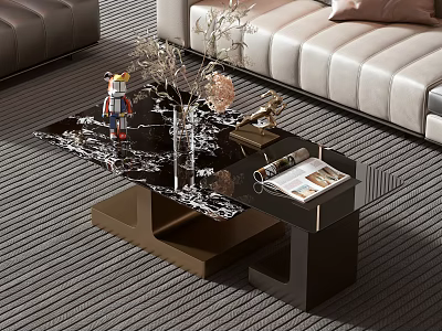 Modern Coffee Table With Black White Marble Top And Decorative Items In Living Room 3d model