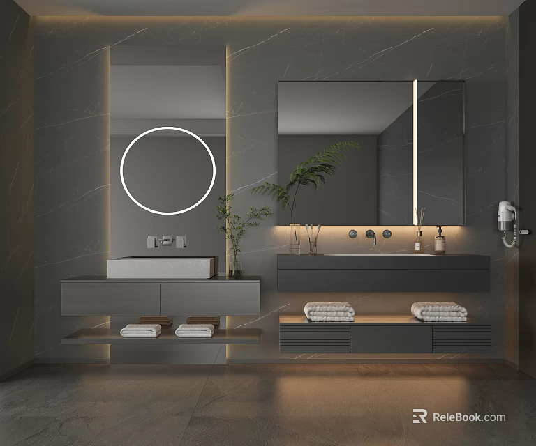 Modern Bathroom Dual Washbasin With Gray Stone Wall Round Mirror Green Plant And Folded Towels 3d model 