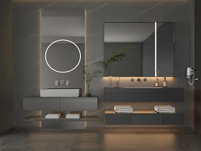 Modern Bathroom Dual Washbasin With Gray Stone Wall Round Mirror Green Plant And Folded Towels 3d model