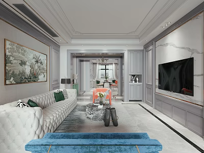 Elegant Modern Living Dining Room With White Sofa Blue Bench TV Wall And Decorative Painting 3d model