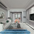 Elegant Modern Living Dining Room With White Sofa Blue Bench TV Wall And Decorative Painting