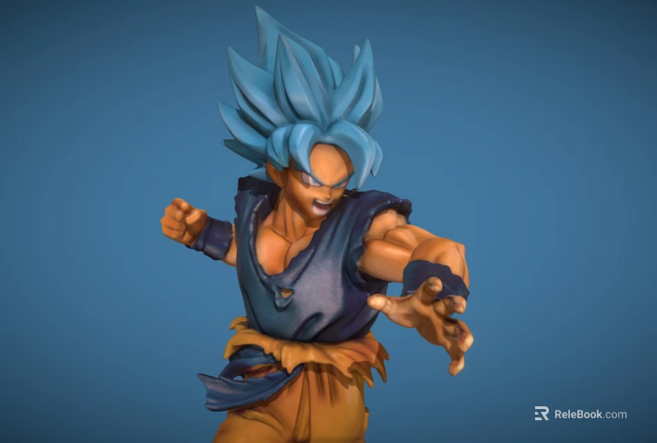 Game and Movie Character with Blue Hair Muscular Battle Stance Blue Outfit Orange Pants 3d model 