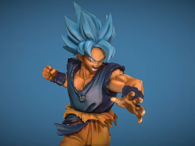 Game and Movie Character with Blue Hair Muscular Battle Stance Blue Outfit Orange Pants 3d model