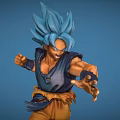 Game and Movie Character with Blue Hair Muscular Battle Stance Blue Outfit Orange Pants