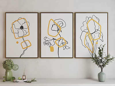 Abstract Paintings With Minimalist Line Art Floral Design And Yellow Accents For Wall Decor 3d model