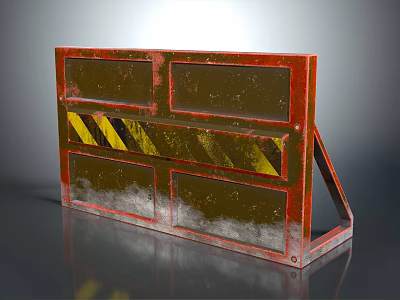 Red Metal Barrier With Yellow Black Warning Stripes And Worn Surface 3d model