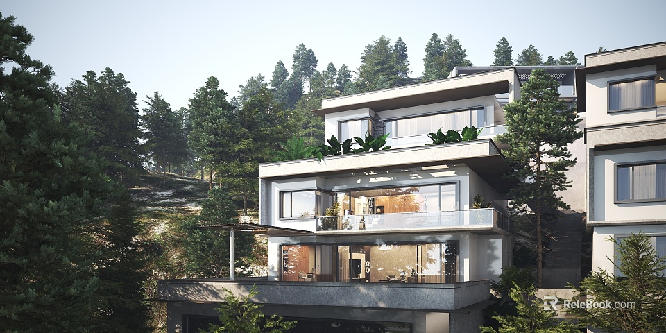 Stunning Modern Detached Villa with Large Windows Terrace and Lush Green Trees 3d model 