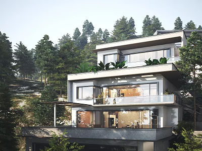 Stunning Modern Detached Villa with Large Windows Terrace and Lush Green Trees 3d model