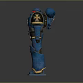 Blue Armored Robot Character With Red Eyes And Gold Accents In Sci Fi Setting