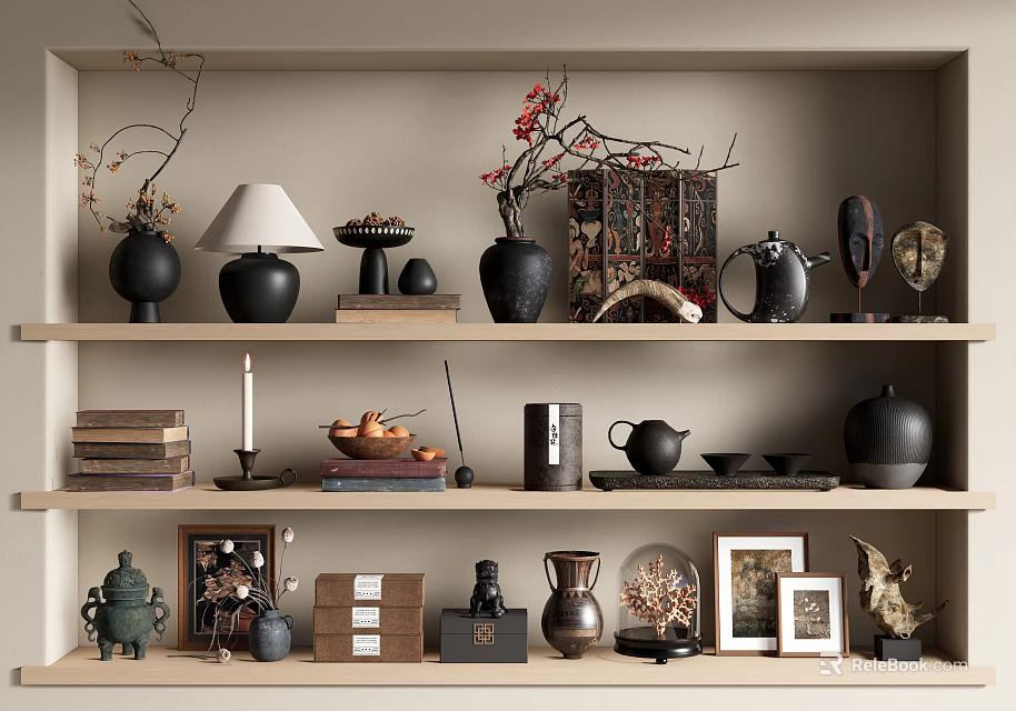 Elegant Decorative Ornament Arrangement with Vases Lamp Teapot and Frames on Shelves 3d model 