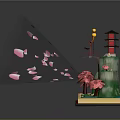 Cartoon Scene Featuring Open Book Red Tower Pink Cherry Blossoms Falling Petals And Yellow Lantern
