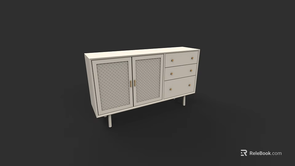 White Modern Storage Cabinet With Mesh Doors And Drawers On Slim Legs 3d model 