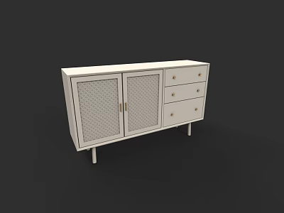 White Modern Storage Cabinet With Mesh Doors And Drawers On Slim Legs 3d model