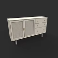 White Modern Storage Cabinet With Mesh Doors And Drawers On Slim Legs