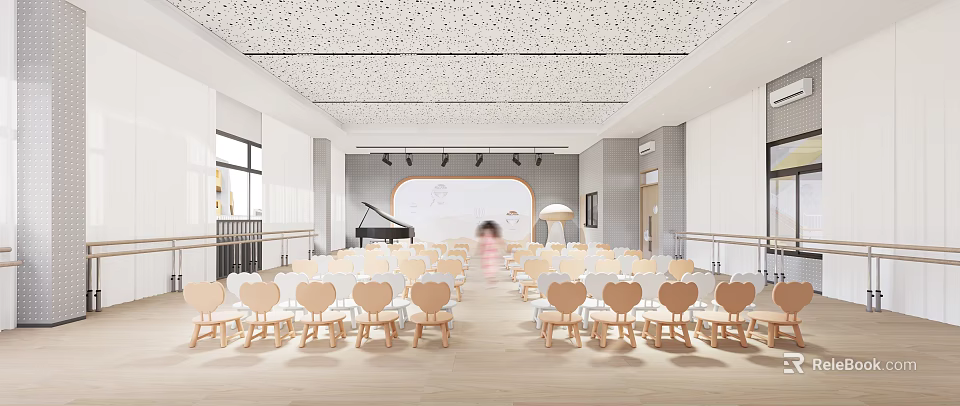 Spacious Kindergarten Activity Room With Heart Shaped Chairs Piano And Little Girl 3d model 