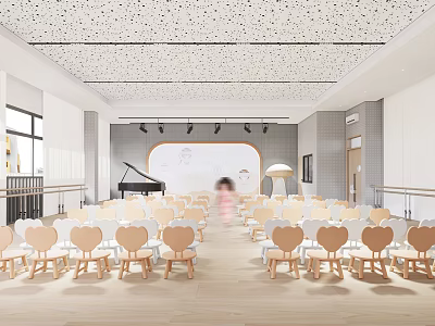 Spacious Kindergarten Activity Room With Heart Shaped Chairs Piano And Little Girl 3d model