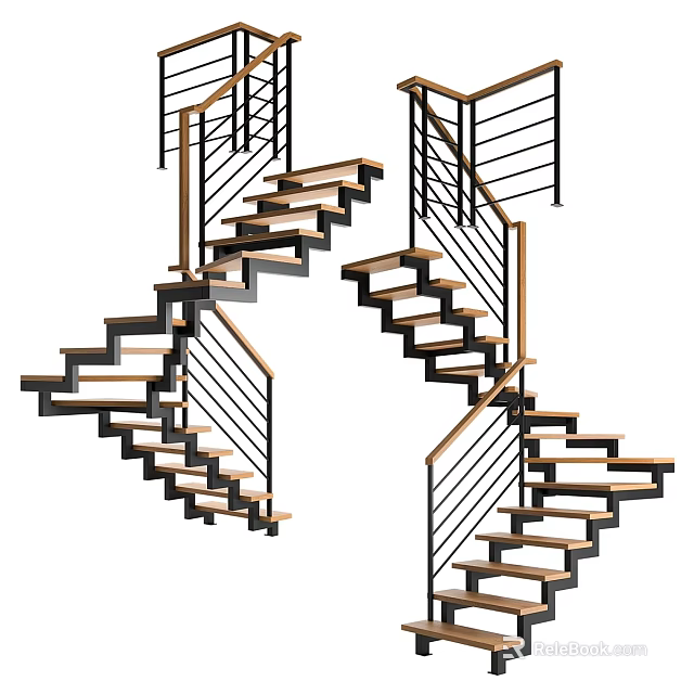 Modern Staircase With Wooden Steps And Metal Wood Railings In Geometric Interior Design 3d model 
