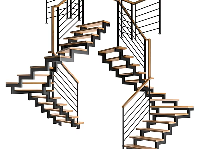 Modern Staircase With Wooden Steps And Metal Wood Railings In Geometric Interior Design 3d model
