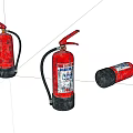 Three Red Fire Extinguishers With Pressure Gauge Standing And Lying On White Background