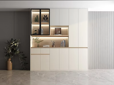 Modern Minimalist Sideboard With White Cabinets Open Shelves Decorative Books And Green Plants 3d model