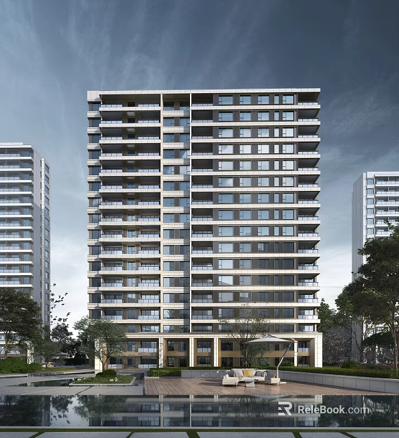 Modern High Rise Residential Building With Glass Windows And Balconies 3d model 