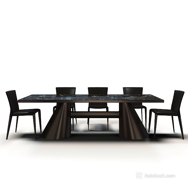 Modern Dining Table With Textured Top Six Black Chairs And Stylish Black Legs 3d model 