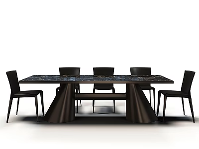 Modern Dining Table With Textured Top Six Black Chairs And Stylish Black Legs 3d model