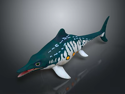 Green and white fish plush toy with yellow spots open mouth and fins 3d model