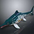 Green and white fish plush toy with yellow spots open mouth and fins