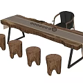 Long Wooden Coffee Table With Black Metal Legs Light Fabric And Wooden Stools
