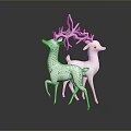 White Deer Figurines With Decorative Patterns In Standing Posture On Dark Background With Reflections 3d model