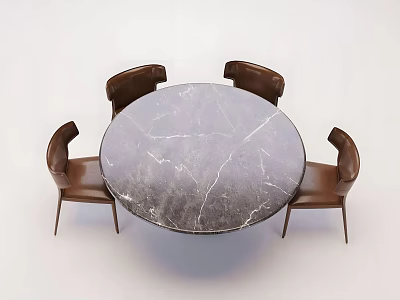 Modern Round Dining Table Set With Marble Top And Four Brown Leather Chairs Curved Backrest 3d model