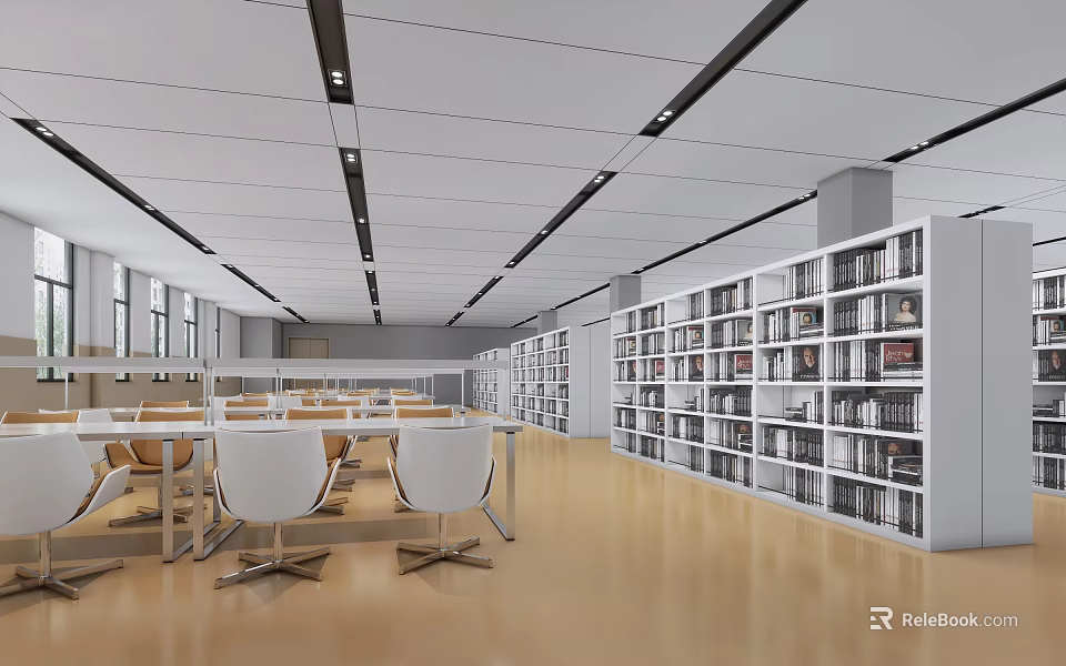 Modern Library Interior With Bookshelves And Chairs 3d model