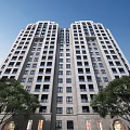 Modern High Rise Residential Building Exterior With Trees And Street View