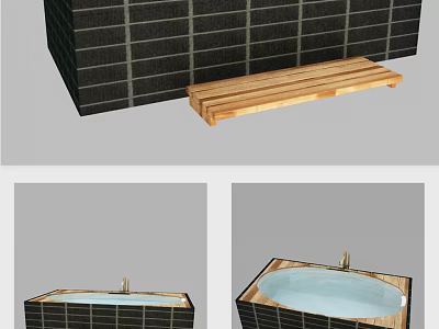 Modern Bathtub With Black Tiled Wall And Wooden Step Board Design 3d model