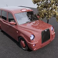Red Vintage Taxi With Round Headlights Roof Sign And Tree Nearby