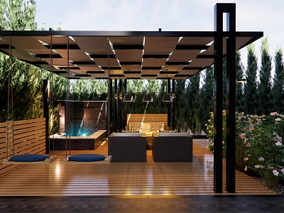 Modern Garden Landscape With Wooden Deck Metal Pergola Sofa Seating And Greenery 3d model