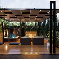 Modern Garden Landscape With Wooden Deck Metal Pergola Sofa Seating And Greenery