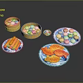 Traditional Chinese Pastries And Snacks With Bamboo Steamers Fish Shaped Treats And Dumplings
