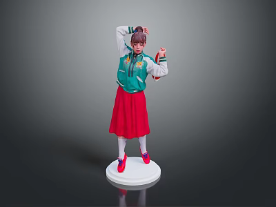 Woman In Green Jacket And Red Skirt Posing On White Platform Against Gray Background 3d model